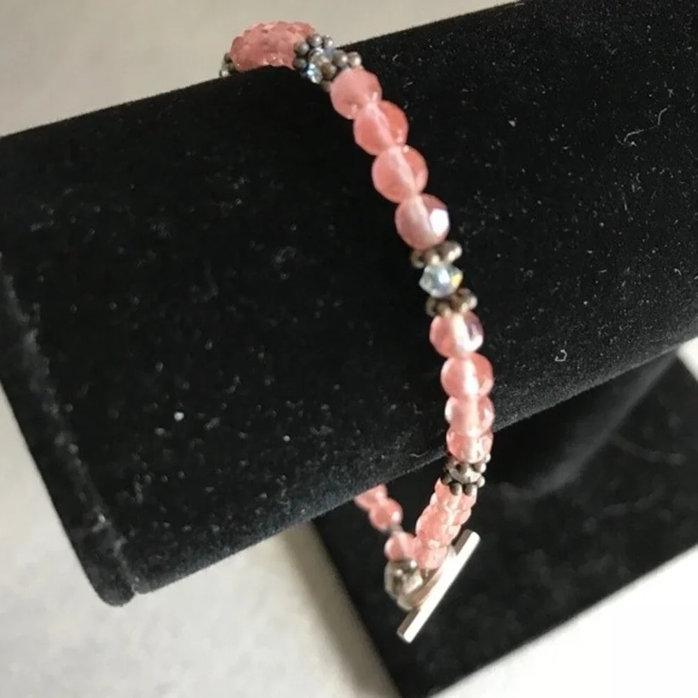 Vintage Handmade Strawberry Quartz Swarovski Crystal Sterling Silver Bracelet